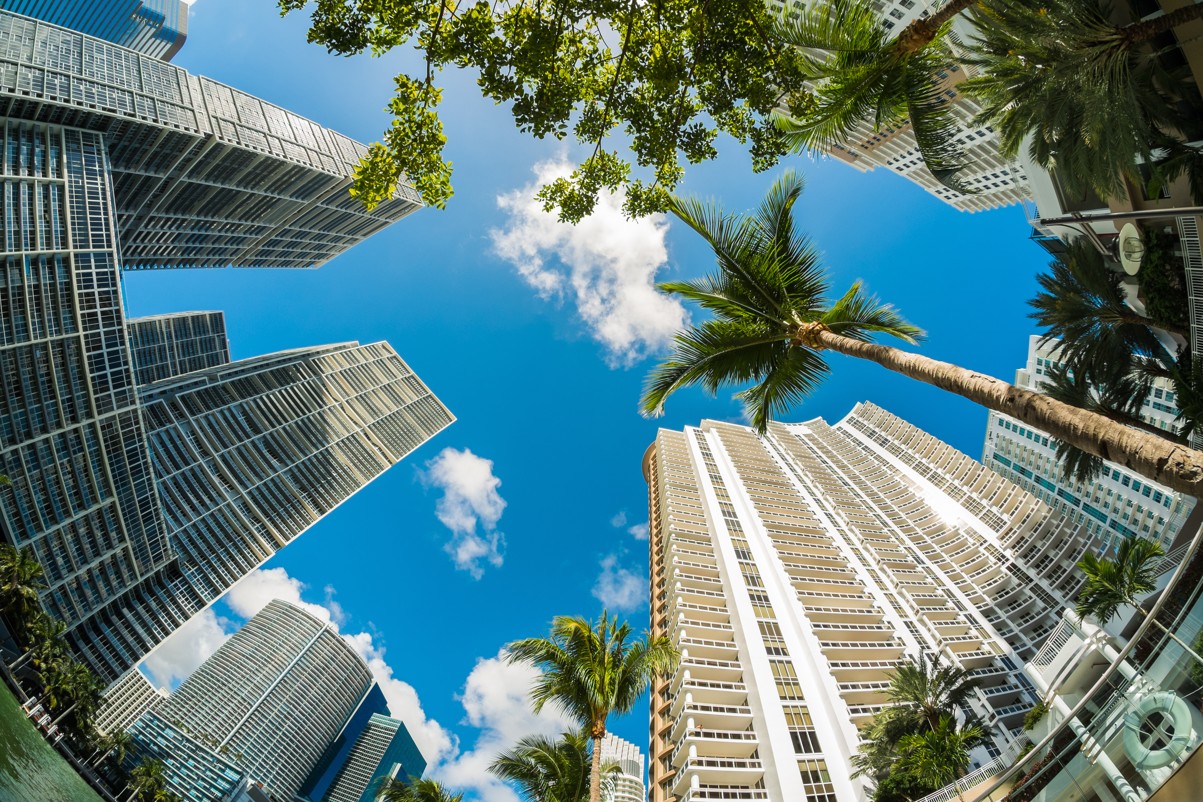 Fish eye view of the Brickell area in downtown Miami along Biscayne Bay.